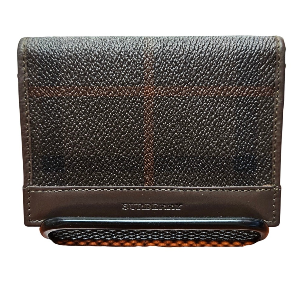 Auth Burberry Haymarket‎ Check Card Holder Black Leather Slim Italy Shadow Horse